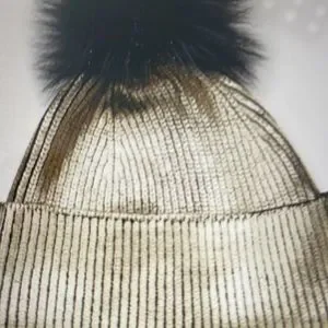 Jocelyn Metallic Knit Beanie with Black Pom Pom. OS jocelyn Fox Fur Pom Beanie in Gold Metallic | REVOLVE main image 4